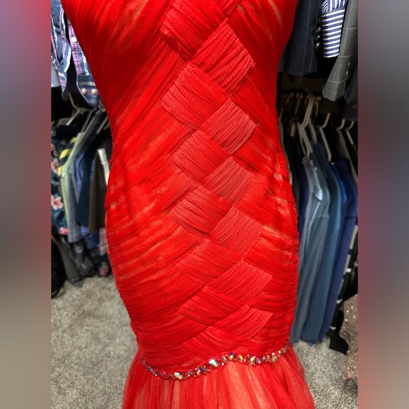 Like New La Femme Orange Sexy Red Strapless Rhinestone Gauze Chic Dress 2 - Picture 5 of 16